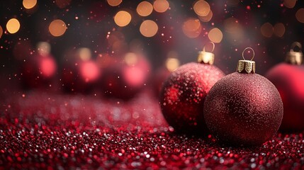 Canvas Print - Red christmas balls are standing on red glitter with blurred lights in the background