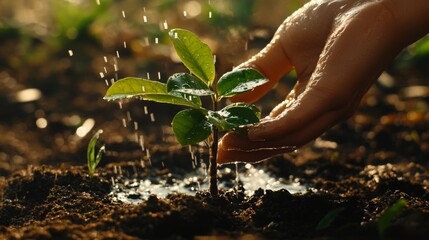 Aufkleber - A close-up of a small tree being watered by hand, with droplets of water glistening on the leaves and soil, capturing the nurturing process of planting.