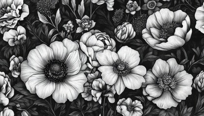 Black and white floral illustration featuring various detailed flowers and foliage