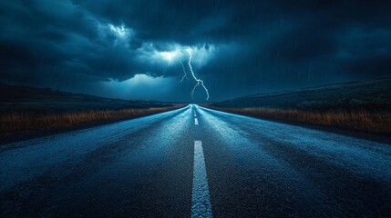 Poster - A road with a lightning bolt in the sky