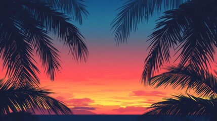 Leinwandbilder - A close-up of a sunset with a silhouette of palm trees framing the horizon, capturing the warm, vibrant colors of the sky as the sun dips below the horizon.