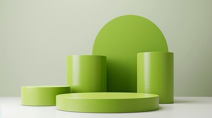 green product podium stages, cylinder shape design element, white background, generative ai