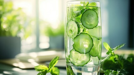 Poster - A close-up of a tall glass of water infused with cucumber and mint, with a focus on the fresh and healthy presentation, set against a clean, modern background.