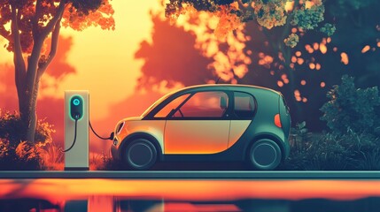 Poster - A modern electric car charging at a station during sunset in a serene environment.