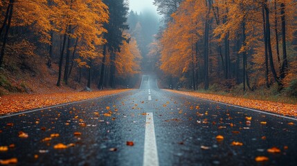 Poster - A road with trees on both sides and leaves on the ground