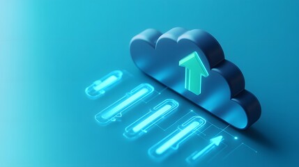 Poster - 3d cloud computing concept showing a blue cloud with an upward arrow and various glowing elements on