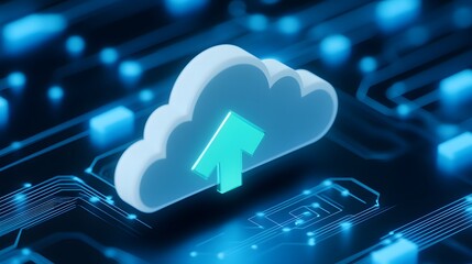 Poster - 3D cloud computing concept with an arrow and circuit board design, representing data upload and technology in a futuristic digital environment.