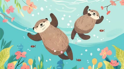 Create a vector illustration of a Sea otters floating on their backsin a kawaii style, simplified to feature fewer elements for a cleaner look, Use a color palette that is appealing to children, with