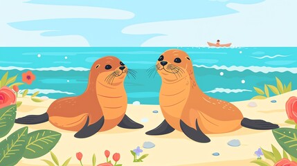 Create a vector illustration of a Sea lions basking on a beachin a kawaii style, simplified to feature fewer elements for a cleaner look, Use a color palette that is appealing to children, with bright