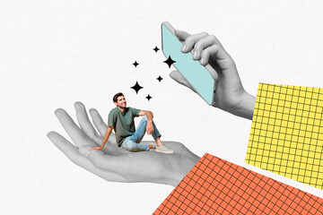 Aufkleber - Composite photo collage of human hand show new latest model smartphone flash addiction happy man sit palm isolated on painted background
