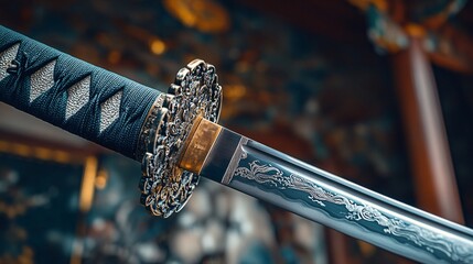 The sword showcases ornate details with a polished blade, resting elegantly in a tranquil environment filled with cultural elements