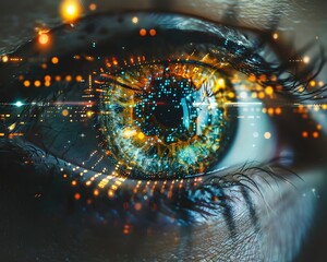 Poster - futuristic augmented reality eye interface with holographic digital overlays and technology concept