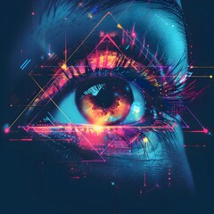 Poster - Mesmerizing Geometric Eye with Vibrant Neon Colors and Dynamic Visual Effects Captivating Futuristic Concept