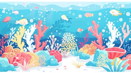 Poster - Create a vector illustration of a Coral bleaching awareness scenein a kawaii style, simplified to feature fewer elements for a cleaner look, Use a color palette that is appealing to children, with bri