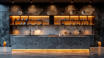 Wall Mural - Modern kitchen design with illuminated accents and sleek surfaces at dusk