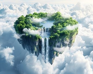 Poster - Enchanting Floating Island Landscape with Cascading Waterfalls in the Sky