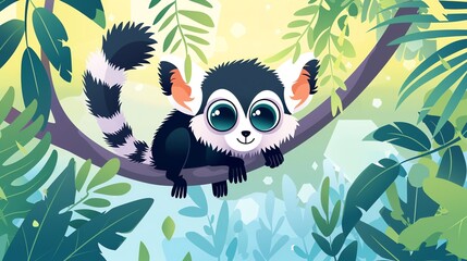 Create a vector illustration of a Black  and  white lemursin a kawaii style, simplified to feature fewer elements for a cleaner look, Use a color palette that is appealing to children, with bright and