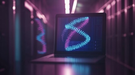 Poster - Colorful digital waveform visualization on a laptop in a tech lab at night