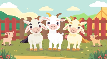 Wall Mural - Create a vector illustration of a Pygmy goats in a petting zooin a kawaii style, simplified to feature fewer elements for a cleaner look, Use a color palette that is appealing to children, with bright