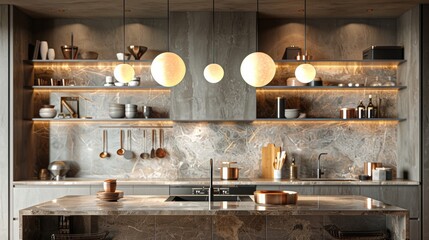 Wall Mural - Modern kitchen interior design featuring elegant lighting and marble countertops in a contemporary home