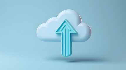 Poster - 3D cloud with an arrow symbol pointing upward, representing cloud computing and data upload on a light blue background.