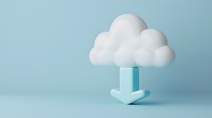 Poster - 3D cloud with downward arrow symbolizing cloud storage or download concept on light blue background, signifying technology and data transfer.
