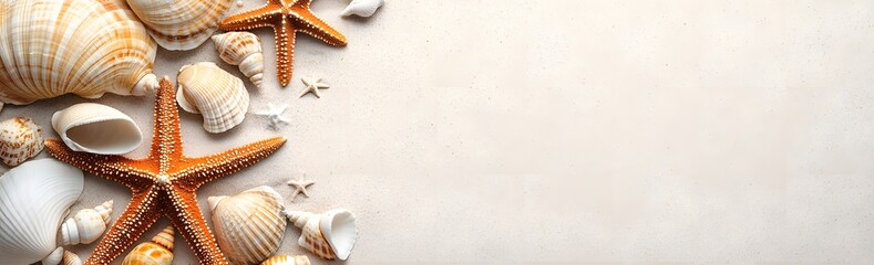 Wall Mural - A background with seashells and starfish scattered around the edges.