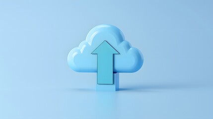 3D illustration of a blue cloud icon with an upward arrow, representing cloud computing, data upload, or online storage.