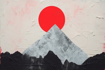 Canvas Print - Fuji mountain with red sun art painting architecture.