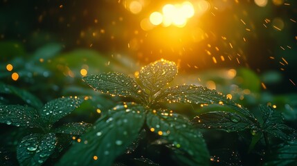 Canvas Print - Rain droplets sparkling on green leaves in the sunset light