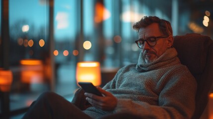 Poster - A man is sitting in a chair and looking at his cell phone