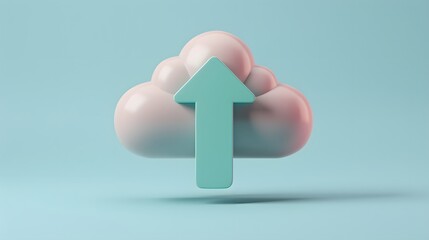 3D illustration of a cloud with an upward arrow, symbolizing cloud storage, data upload, or cloud computing on a blue background.