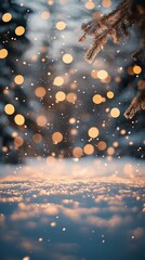 Canvas Print - Snow falling on a snowy ground with blurred golden lights and pine tree branch - winter background