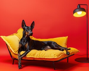 A black dog lays on a bright yellow couch next to a lamp