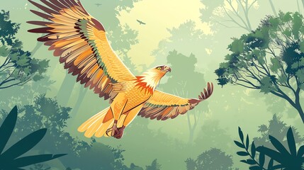 Wall Mural - Create a illustration of a Philippine Eagle in Flight A Philippine eagle soaring above the forestin a kawaii style, simplified to feature fewer elements for a cleaner look, Use a color palett