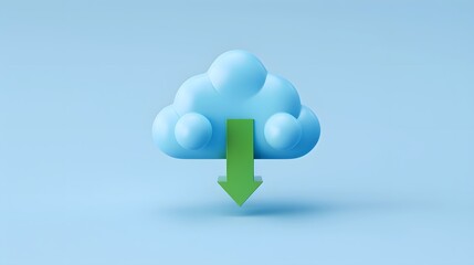 Poster - Abstract illustration of a blue cloud with a green download arrow on a light blue background, symbolizing cloud storage and data downloading.