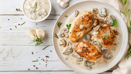 Chicken steak with mustard mushroom cream sauce on white plate on light wooden table, top view, space for text