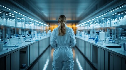 Poster - A woman in a white lab coat stands in a long hallway of a laboratory