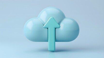 Poster - Blue cloud with an upward arrow symbolizing cloud storage, networking, and data transfer against a light blue background.
