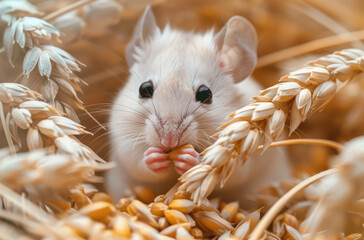 Wall Mural - Close-up of an adorable white mouse peeking out from behind a pile of grain, with its tiny paws delicately holding grains of wheat in the foreground, creating a cute and endearing scene