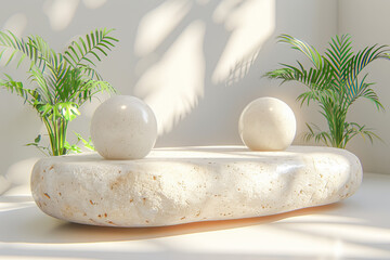 Two white spheres standing on a stone podium with green plants