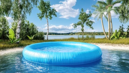 Inflatable swimming pool on a lake shore surrounded by trees and blue skies