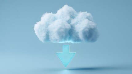 Poster - Cloud computing and data download concept image with a glowing arrow pointing down from a fluffy cloud on a soft blue background.