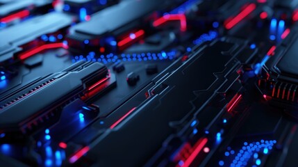 Poster - Glowing red and blue lights illuminate a complex circuit board, highlighting intricate pathways and components in a high-tech environment