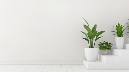 Poster - A serene indoor setting showcases various potted plants arranged on white steps against a light wall, creating a fresh and inviting atmosphere