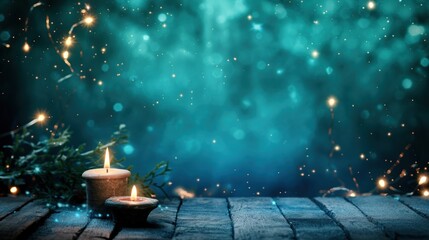 Poster - Two candles flicker softly on a weathered wooden table, casting warm light against a shimmering blue backdrop dotted with sparkling elements and accents of greenery
