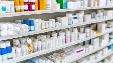 Brightly lit pharmacy shelves display a diverse range of medical products in an inviting, organized setting