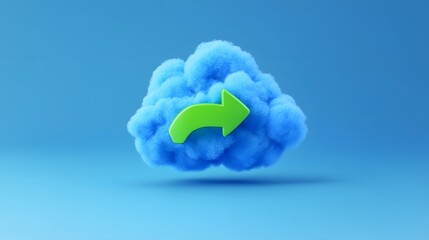 Poster - Cloud computing concept with a blue cloud and a green arrow, symbolizing data transfer and technology. Minimalist design.