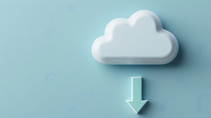 Wall Mural - Cloud computing concept with a cloud and downward arrow on a blue background, representing data download and storage.