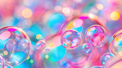 Poster - Brightly colored soap bubbles drift through a lively backdrop filled with soft pastel hues and sparkling light, creating a whimsical atmosphere of joy and playfulness